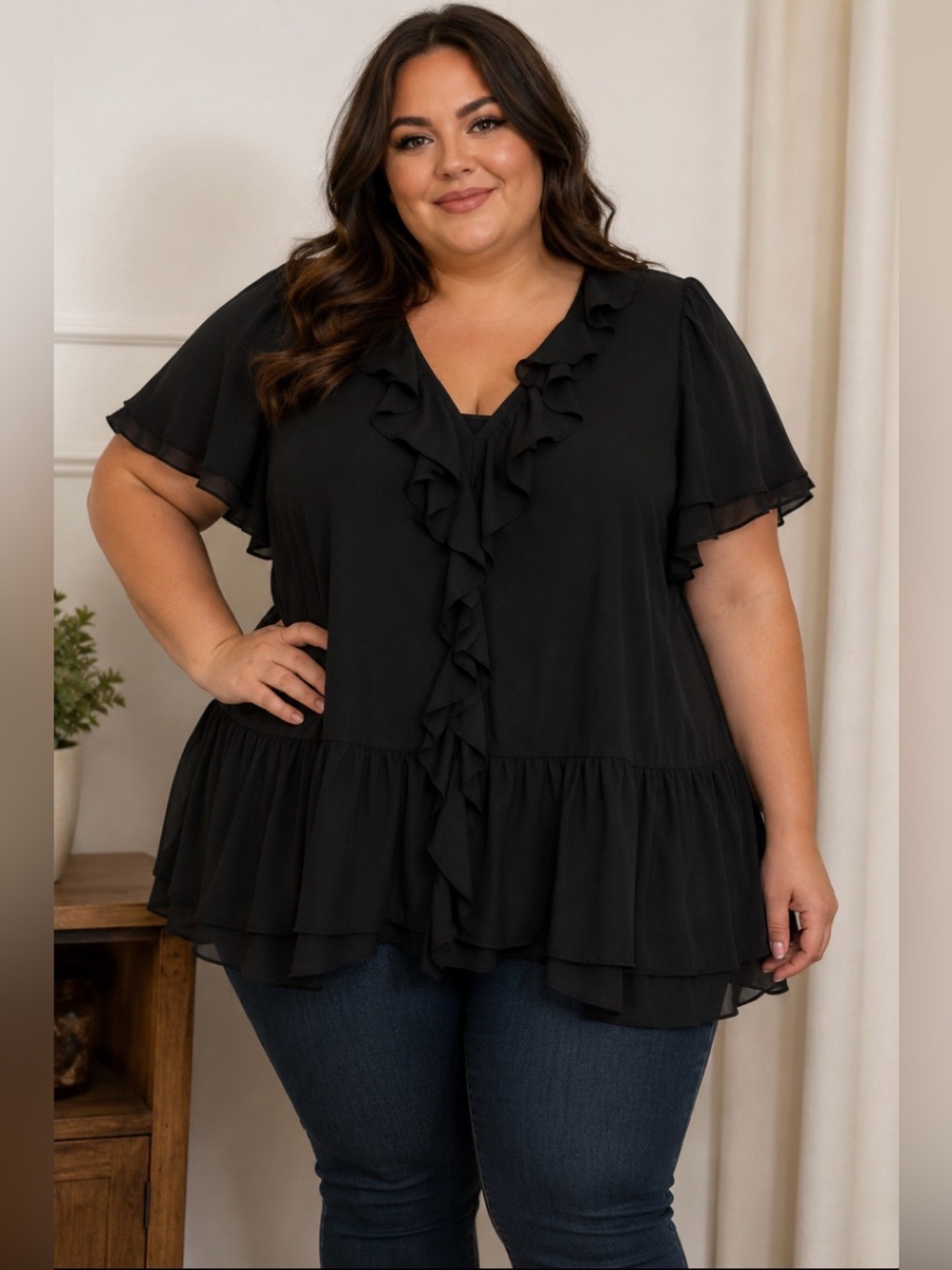 Torrid Black Ruffled Short-Sleeve Blouse